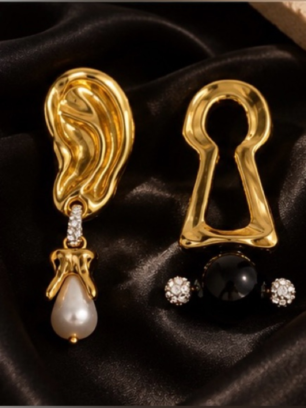 Sculptural Gold Mismatched Earrings Baroque Pearl Black Onyx Crystal Earrings